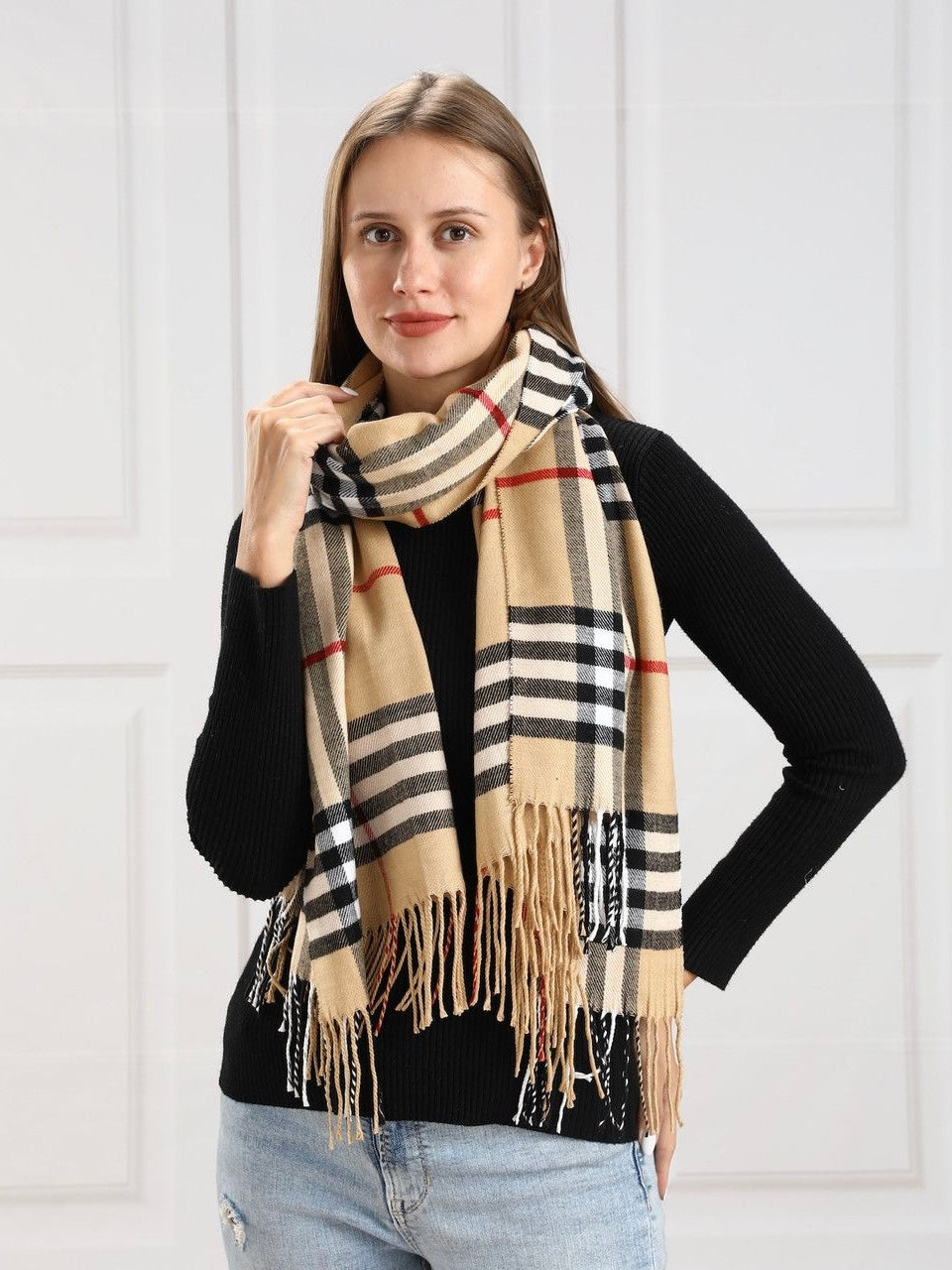 Beige/Black Plaid Scarf